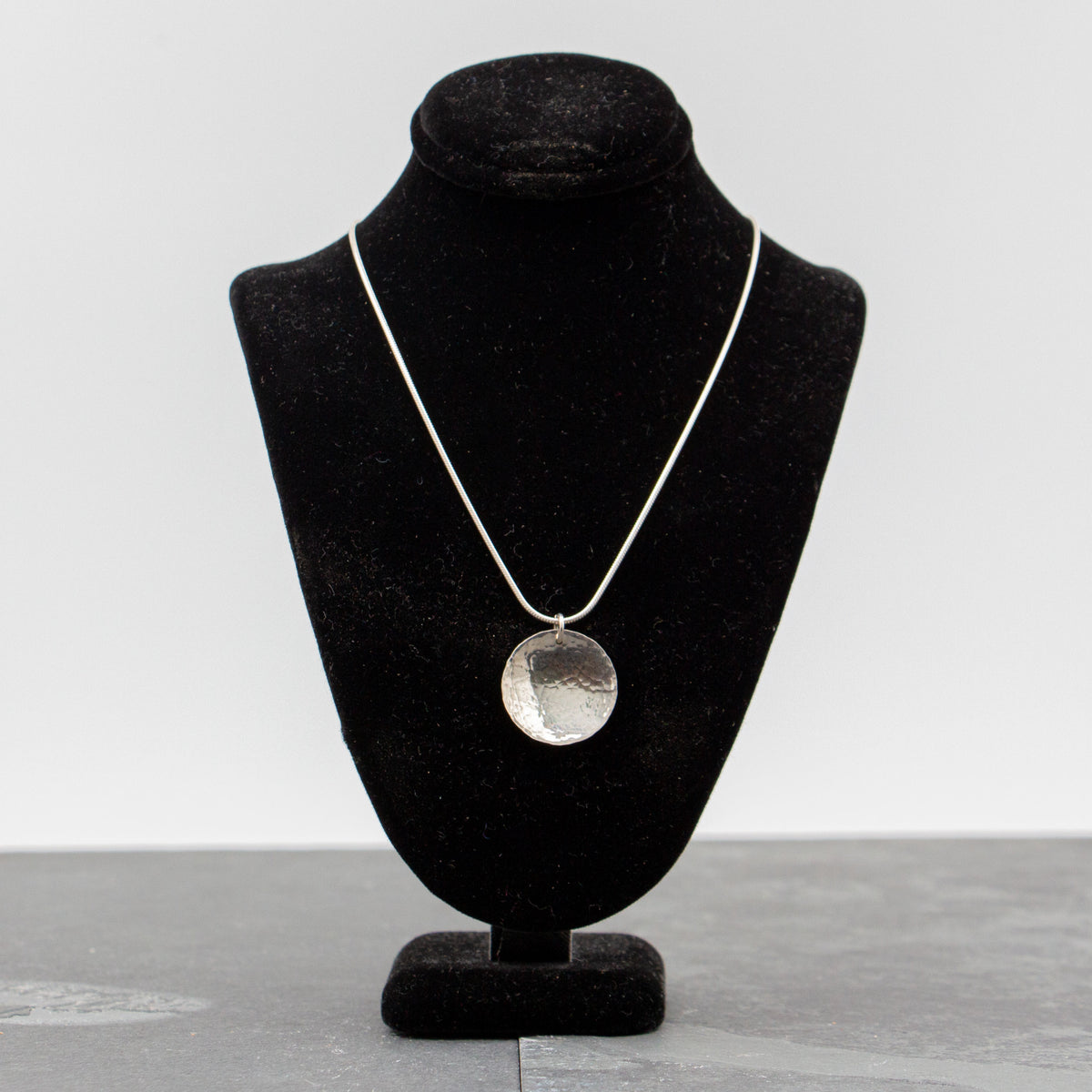 Rebecca Wicklund - ⅞” concave hammered silver round pendant necklace 18”